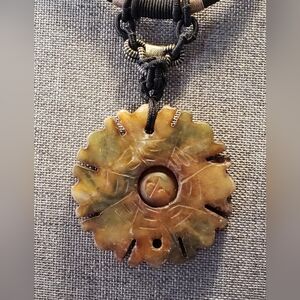 Hand Made Necklace With Carved Soap Stone Center Measures 3.42" EUC 16"-19"
